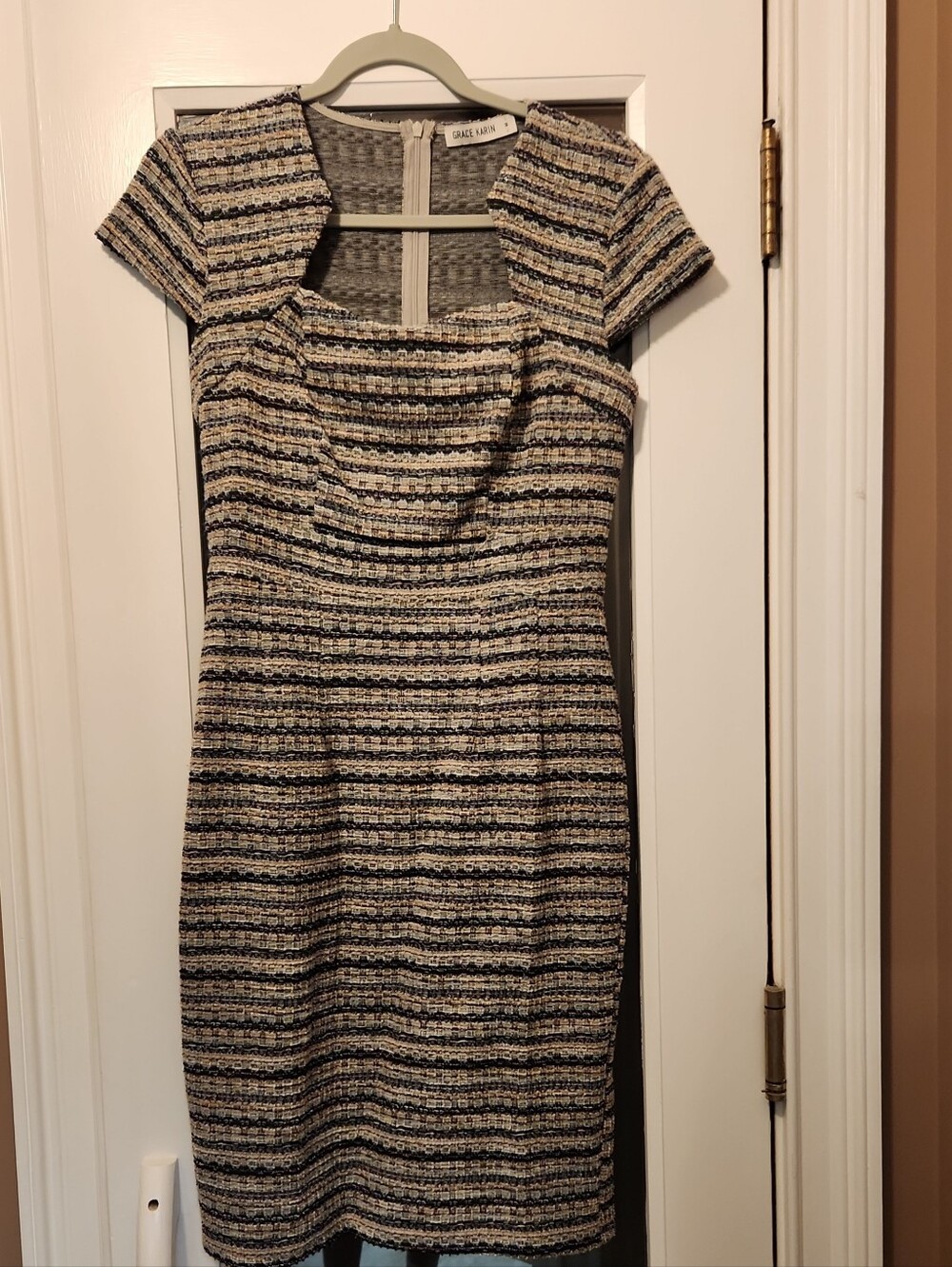 Grace Karin Navy and Cream Striped Midi Dress